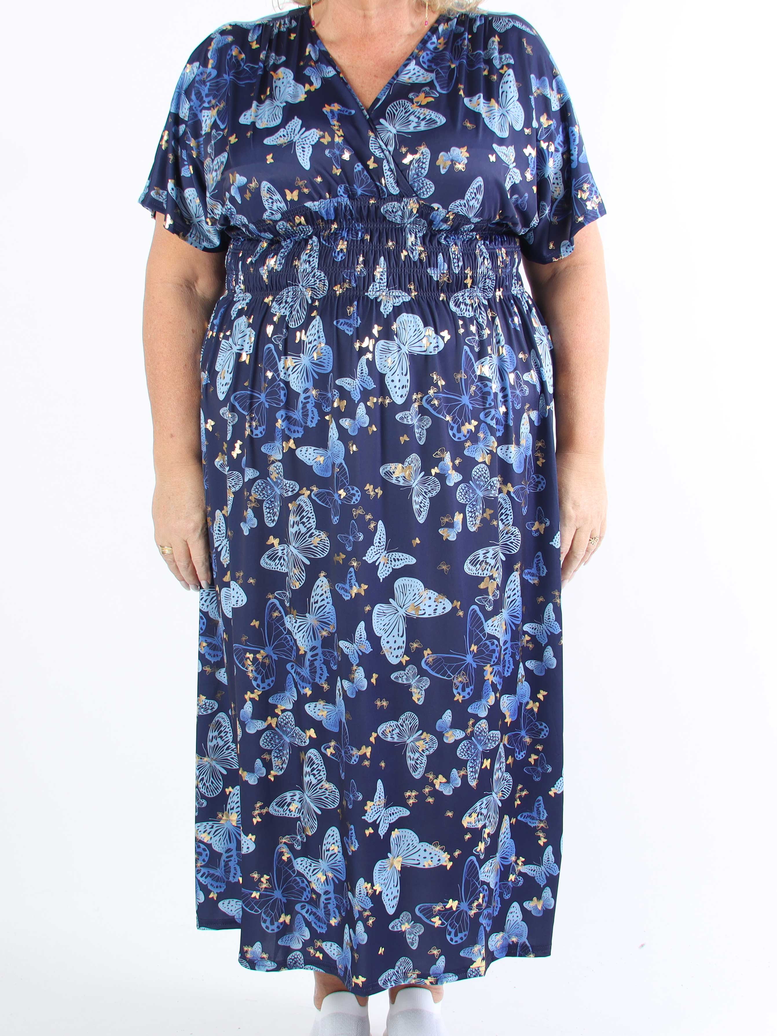 Pams Butterfly - Lang elastisk plus size kjole med smock i livet